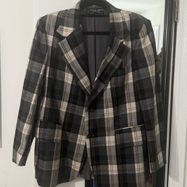 Pierre Cardin Vintage Boutique Line Plaid Wool Blazer Jacket Grey Black White