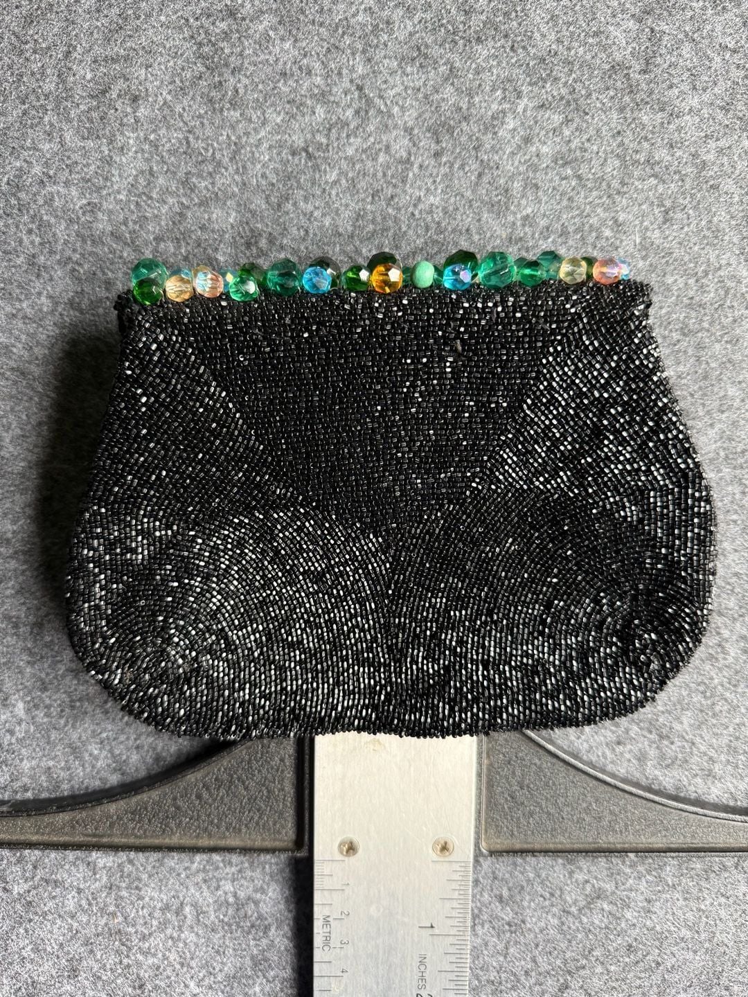 Vintage Hand Beaded in Belgium Black Evening Bag with Green Crystal Beaded Flap 3