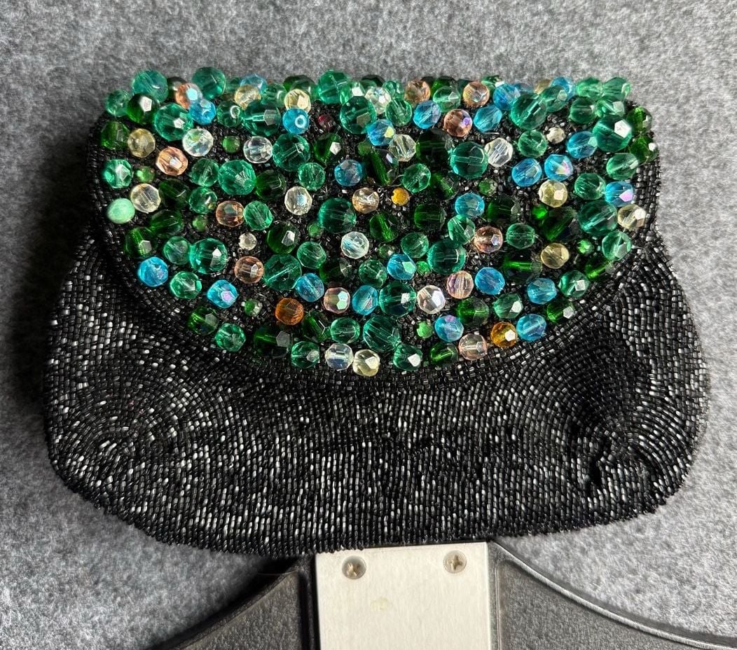 Vintage Hand Beaded in Belgium Black Evening Bag with Green Crystal Beaded Flap 2