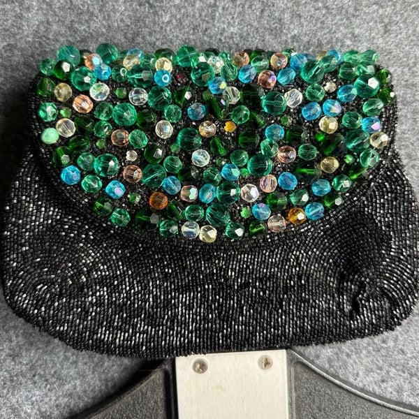 Vintage Hand Beaded in Belgium Black Evening Bag with Green Crystal Beaded Flap