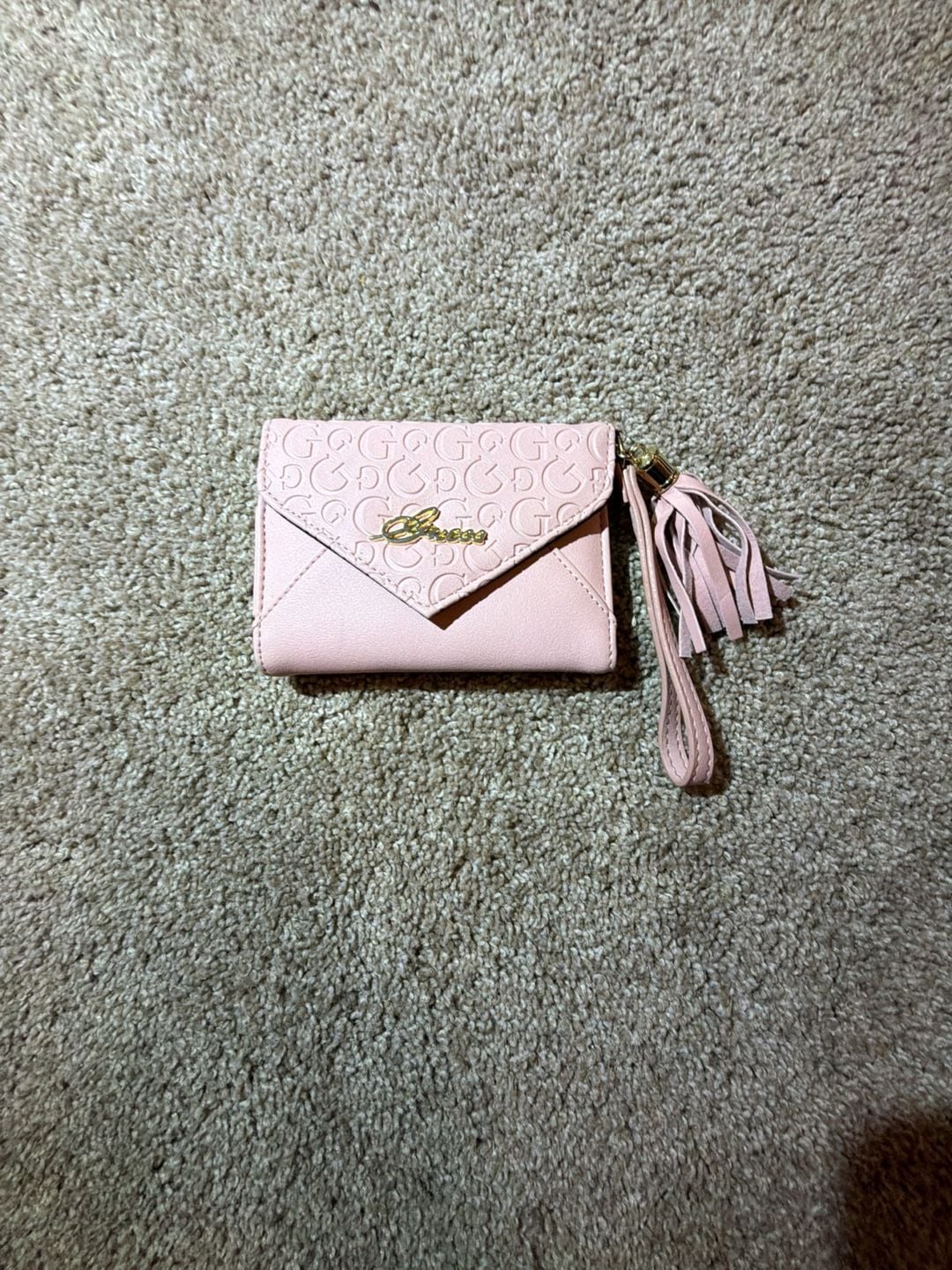 Guess Pink Debossed G Logo Envelope Trifold Wristlet Wallet with Tassel 1