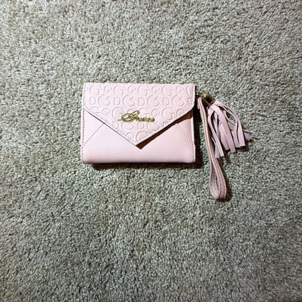 Guess Pink Debossed G Logo Envelope Trifold Wristlet Wallet with Tassel