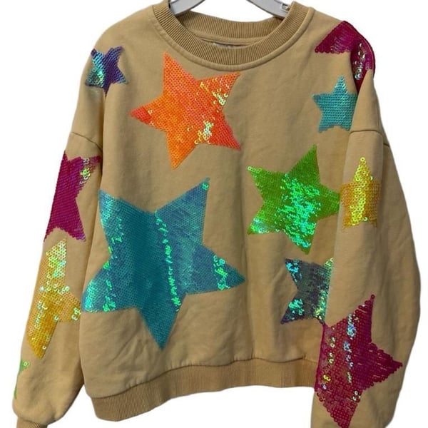 Queen of Sparkles kids Tan Multi Color Sequin Stars Sweatshirt