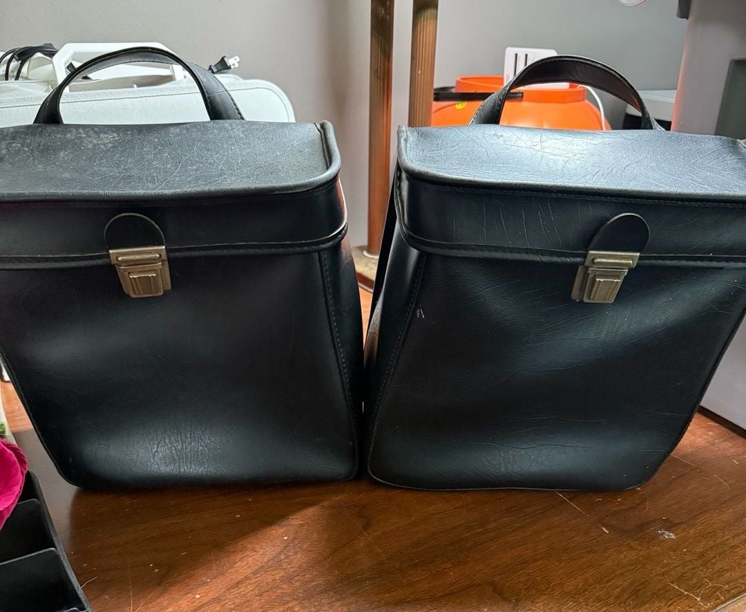 Vintage Black Faux Leather Moped Motorcycle Saddle Bags with Springs 2