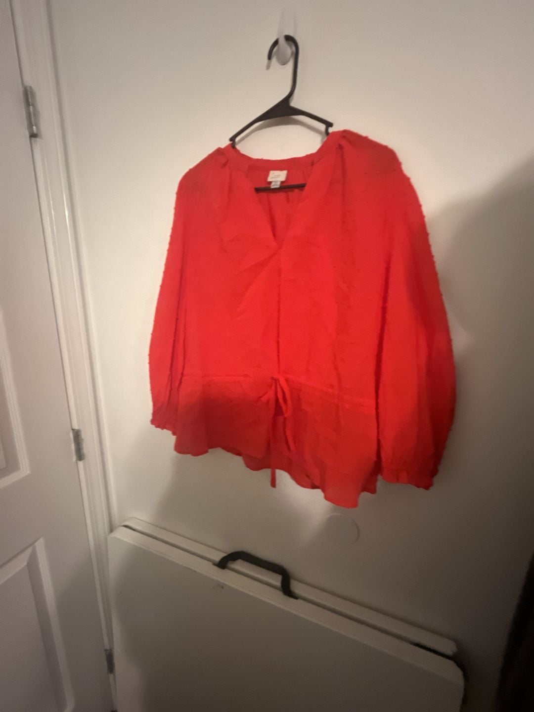 A New Day Red Swiss Dot V-Neck Long Sleeve Tie Waist Peplum Blouse 2
