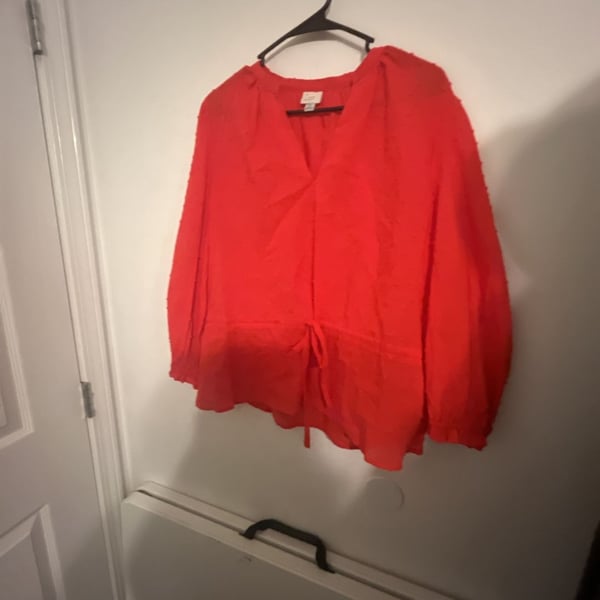 A New Day Red Swiss Dot V-Neck Long Sleeve Tie Waist Peplum Blouse