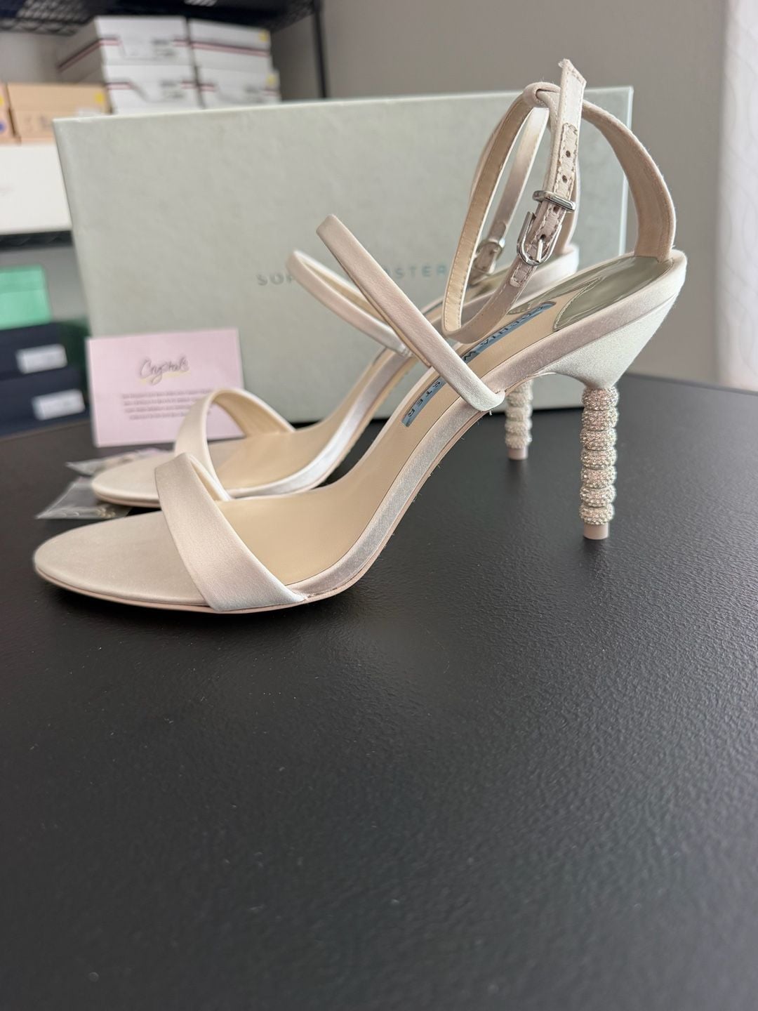 Sophia Webster Rosalind Crystal Mid Sandals Soft Ivory Satin EU 41 MSRP $625 6
