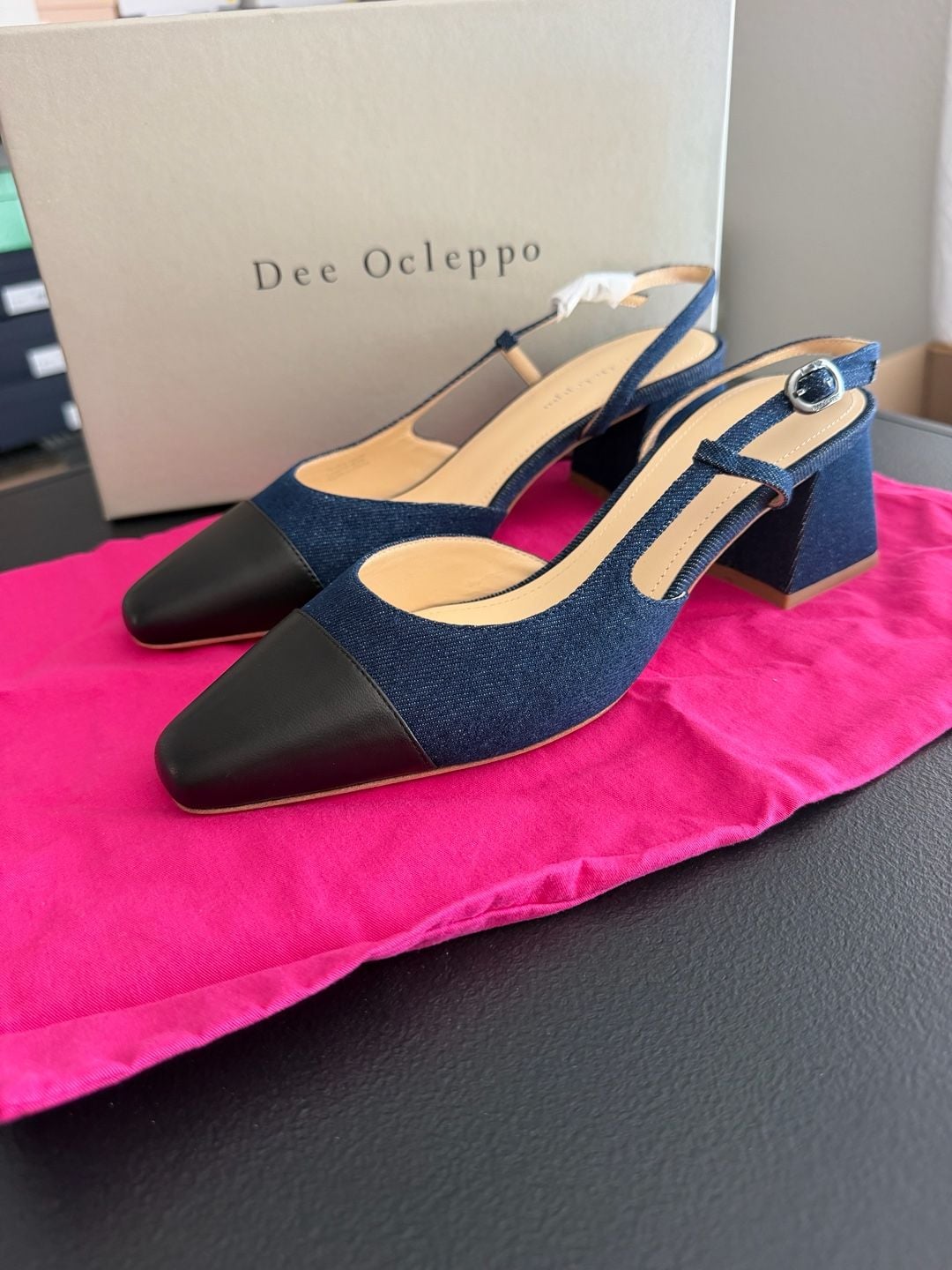 Dee Ocleppo Naples Blue Black Cap Toe Slingback Pumps Size 9 MSRP $295 2