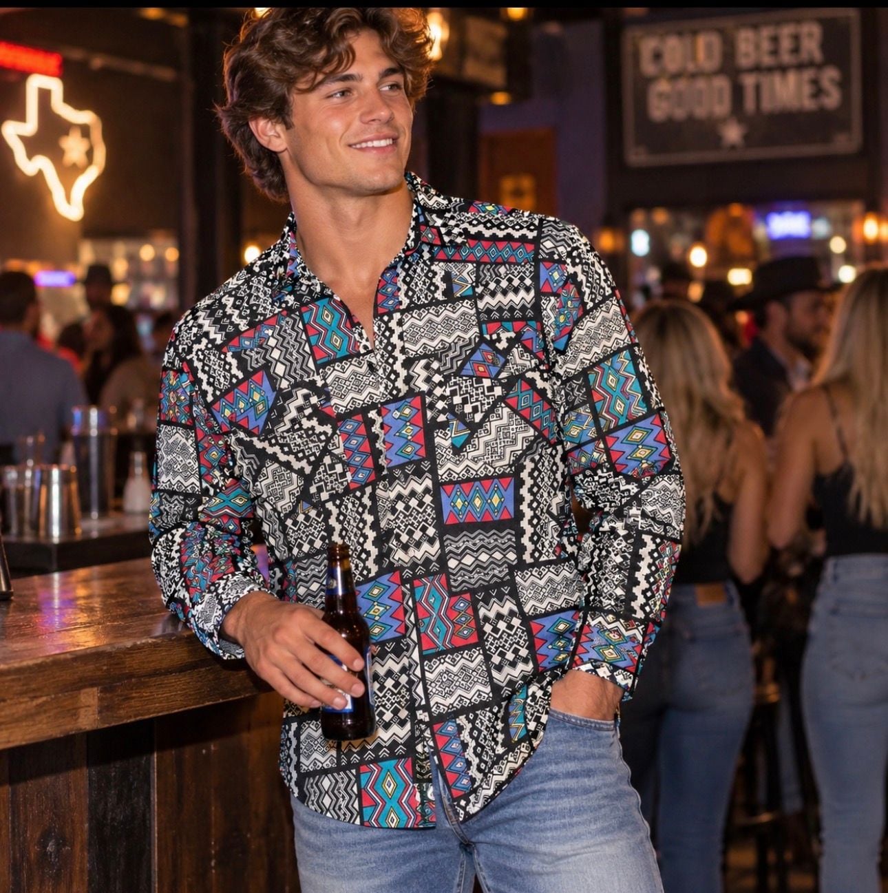 Vintage Western Plains Trading Co Shirt Mens L Aztec Geometric Southwestern 90s 2