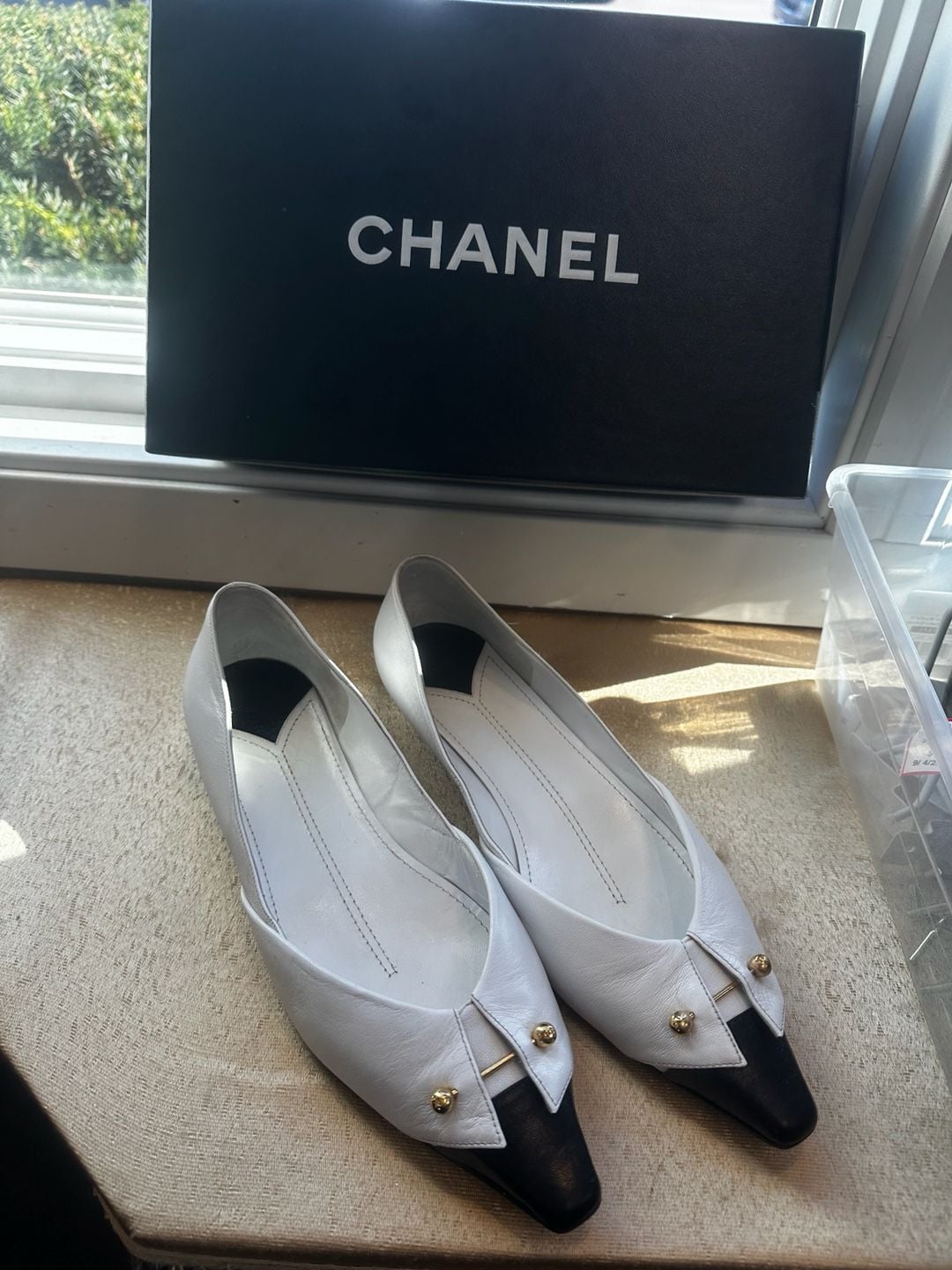 Chanel White & Black Leather Tuxedo Collar Gold Barbell Flats 2
