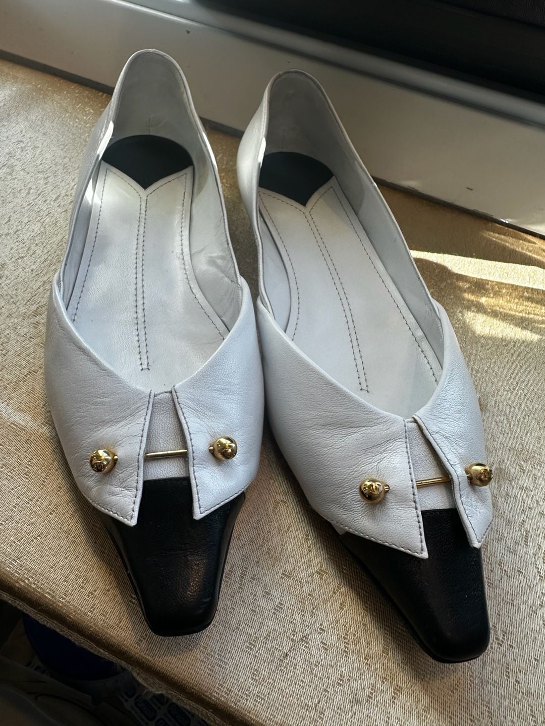 Chanel White & Black Leather Tuxedo Collar Gold Barbell Flats 3