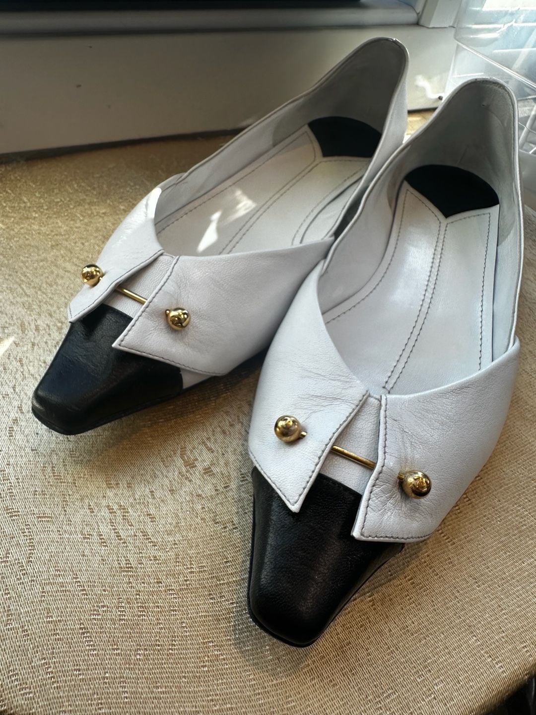 Chanel White & Black Leather Tuxedo Collar Gold Barbell Flats 6