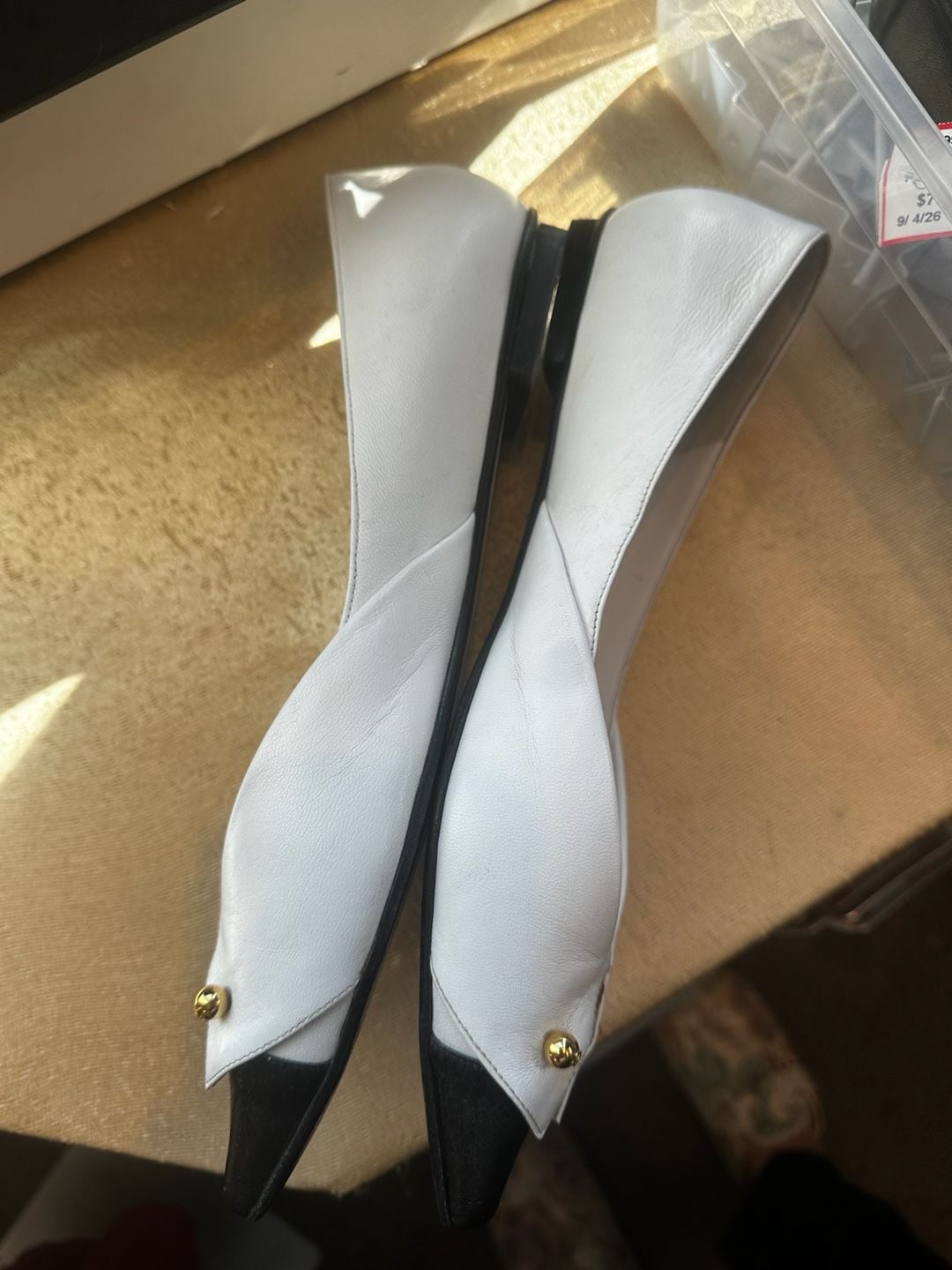 Chanel White & Black Leather Tuxedo Collar Gold Barbell Flats 7