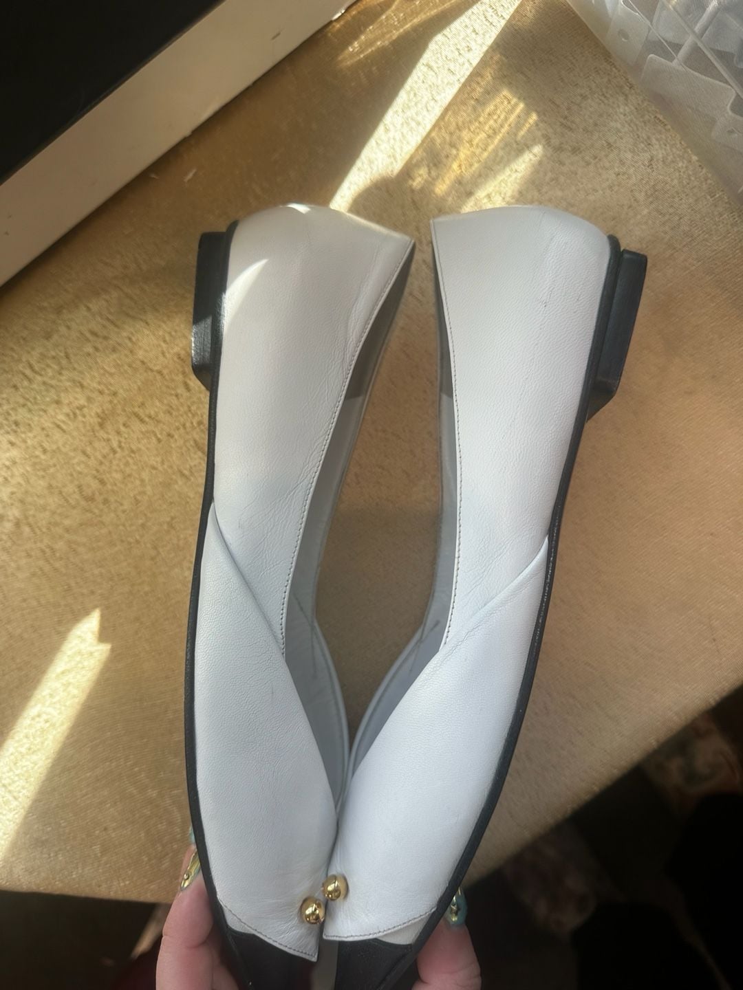 Chanel White & Black Leather Tuxedo Collar Gold Barbell Flats 8