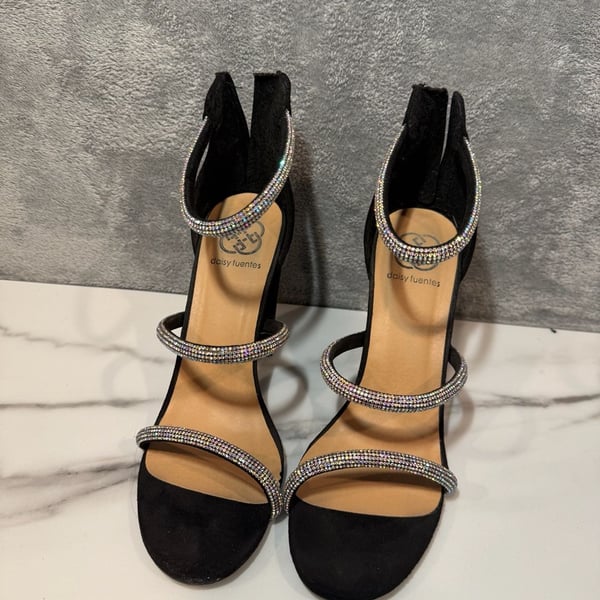 Daisy Fuentes Mirava Black Rhinestone Homecoming Strappy Block Heel Sandals