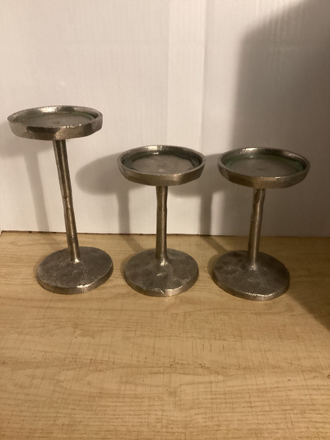 Set of 3 Silver Aluminum Pillar Candle Holders T-Lite Warning Made in India 1