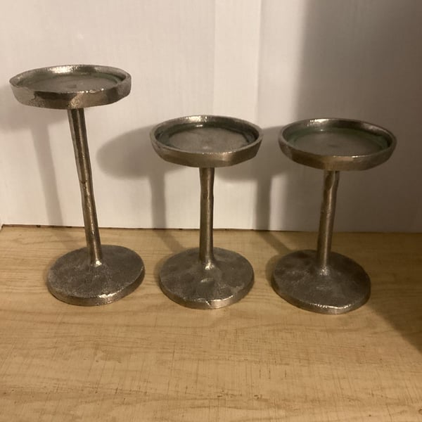 Set of 3 Silver Aluminum Pillar Candle Holders T-Lite Warning Made in India