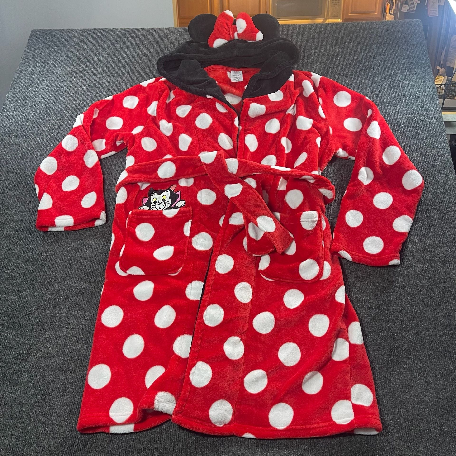 Disney Minnie Mouse Red Polka Dot Fleece Hooded Bathrobe Figaro Pocket Size L 1