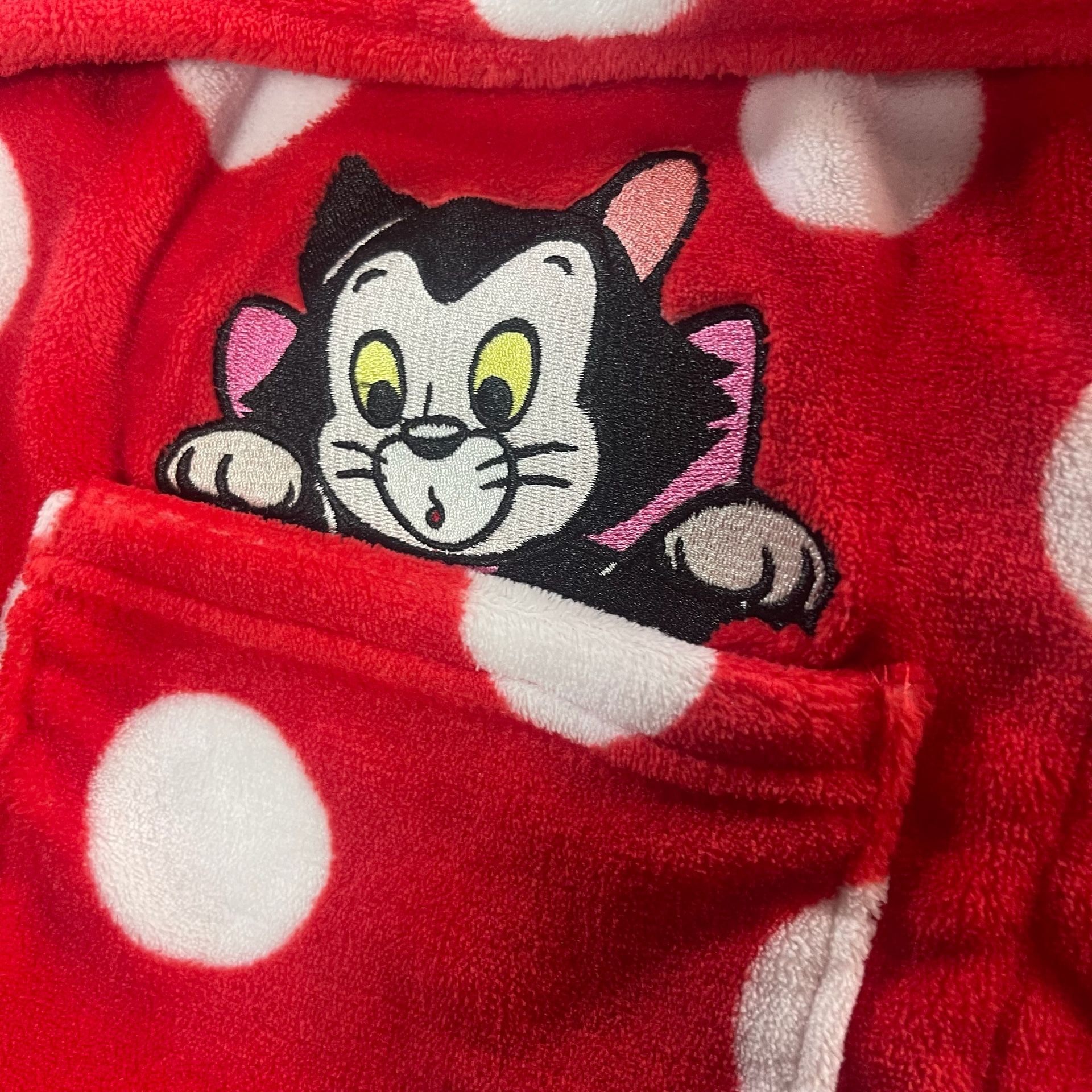 Disney Minnie Mouse Red Polka Dot Fleece Hooded Bathrobe Figaro Pocket Size L 2