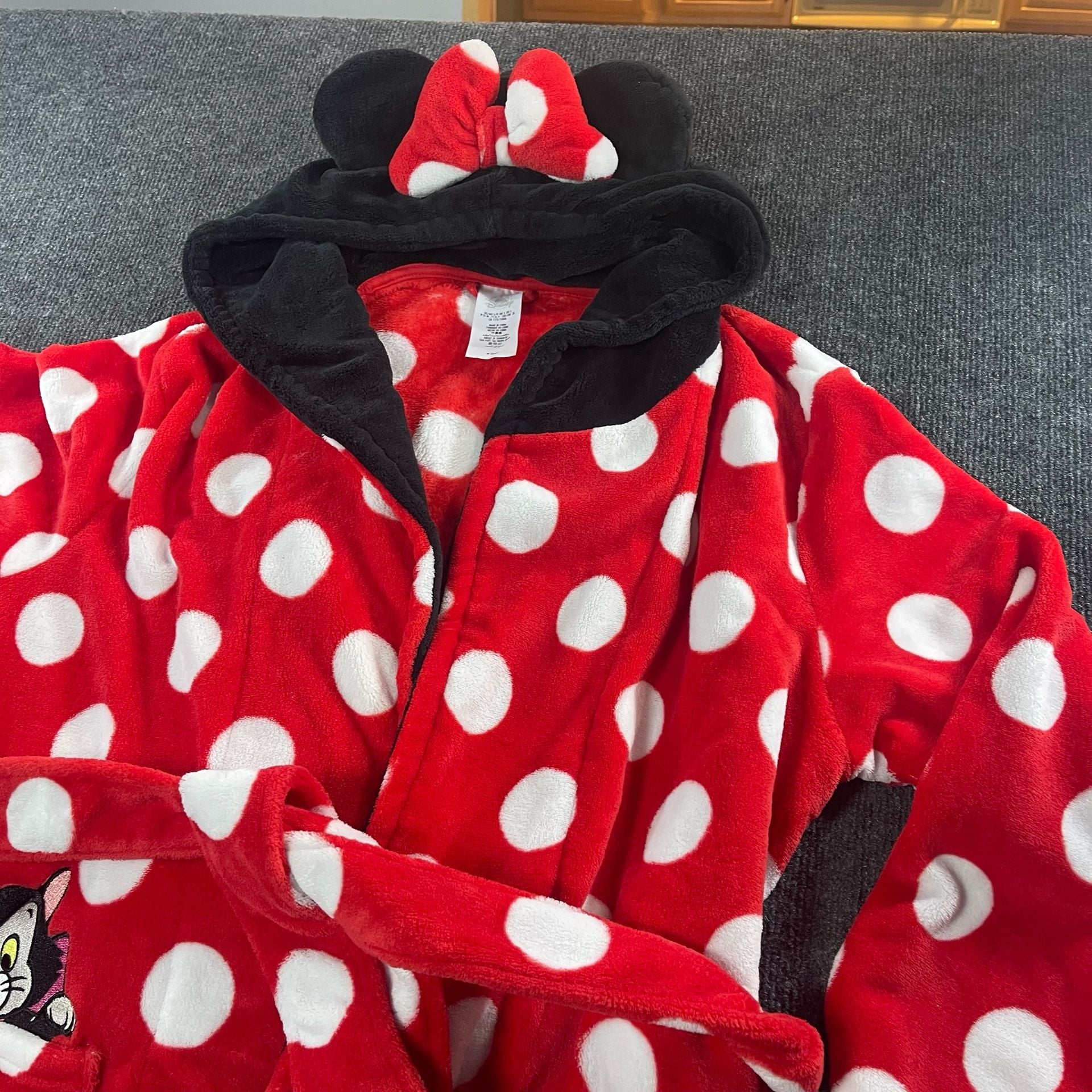 Disney Minnie Mouse Red Polka Dot Fleece Hooded Bathrobe Figaro Pocket Size L 3