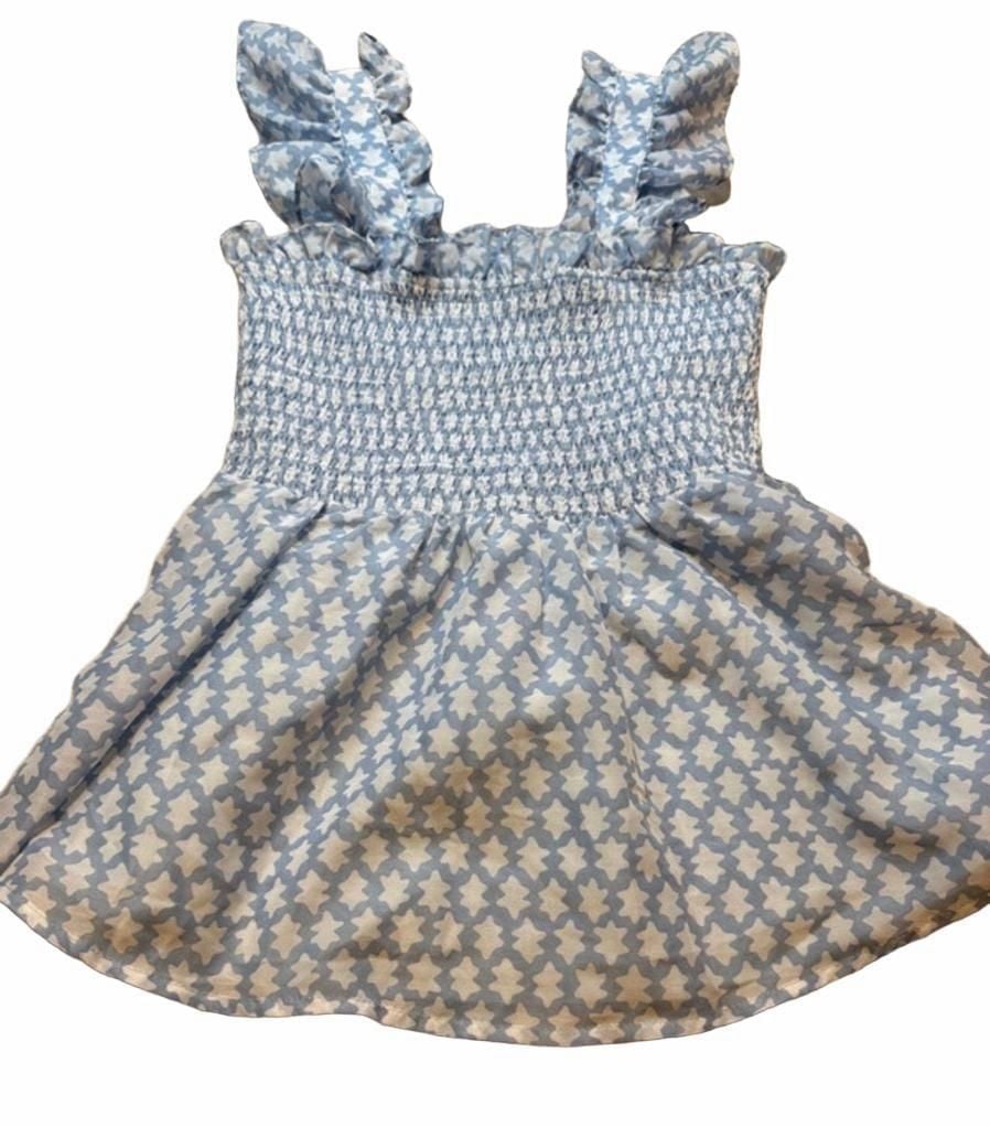 j.marie Blue and White Geometric Smocked Flutter Sleeve top 2
