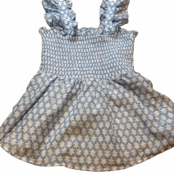 j.marie Blue and White Geometric Smocked Flutter Sleeve top