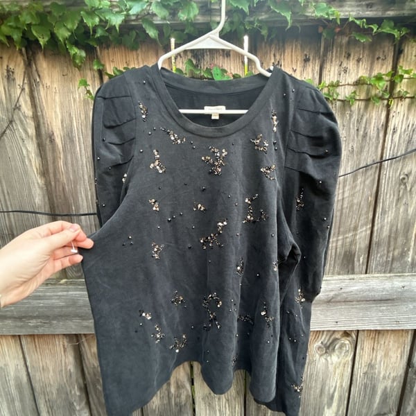 Pilcro Puff-Sleeve Embellished Sweatshirt Carbon Black