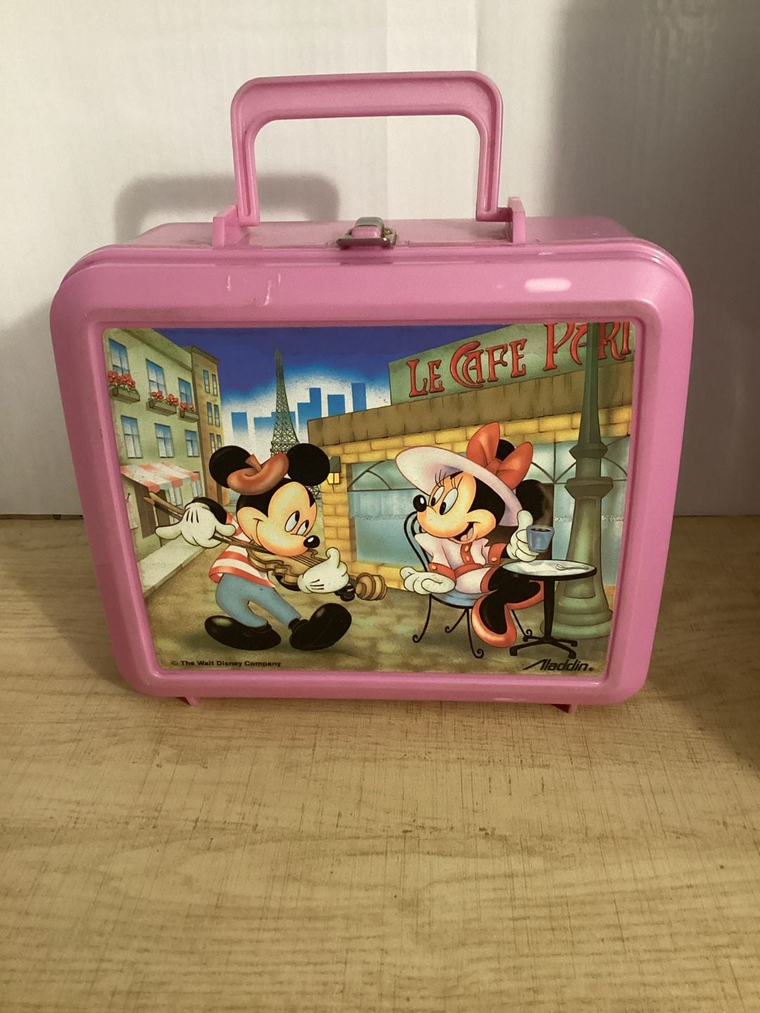 Vintage Mickey & Minnie Mouse Le Cafe Paris Aladdin Pink Plastic Lunch Box with Thermos 2
