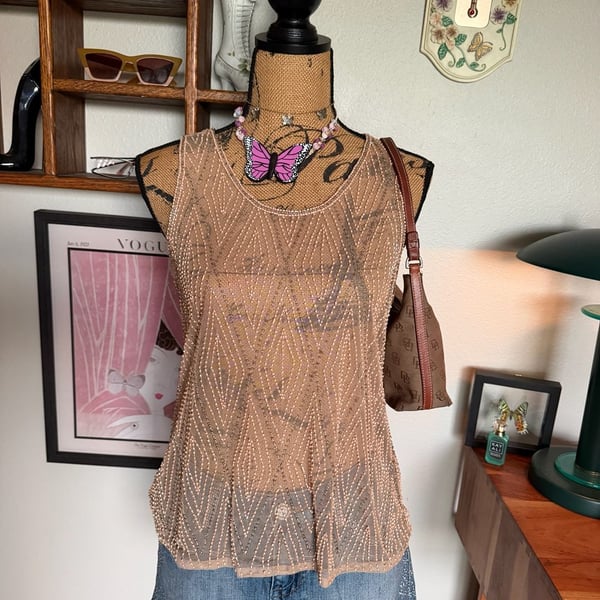 Fairycore Vintage Beaded Mesh Tank Top 
