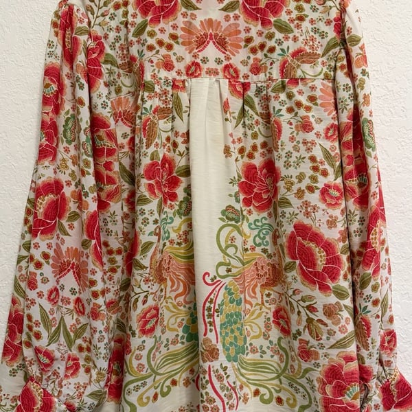 Rose + Olive Floral and Peacock Print Long Sleeve Button Down Blouse Size 1X