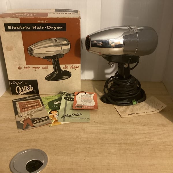 Vintage Oster Airjet Electric Hair Dryer Model 202 with Original Box and Paperwork