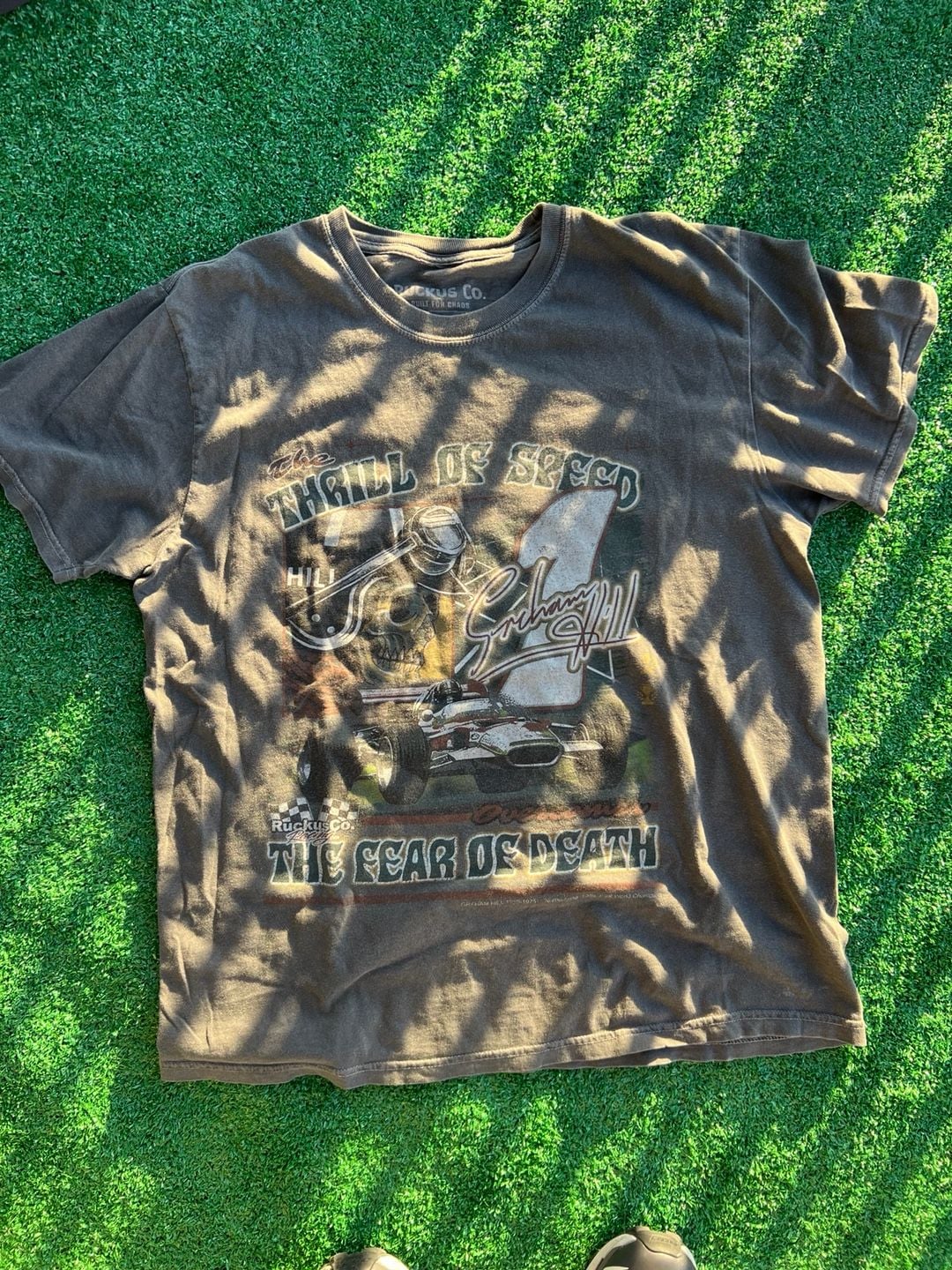 Ruckus Co. The Thrill of Speed Graham Hill Racing Graphic T-Shirt Brown Size L 2