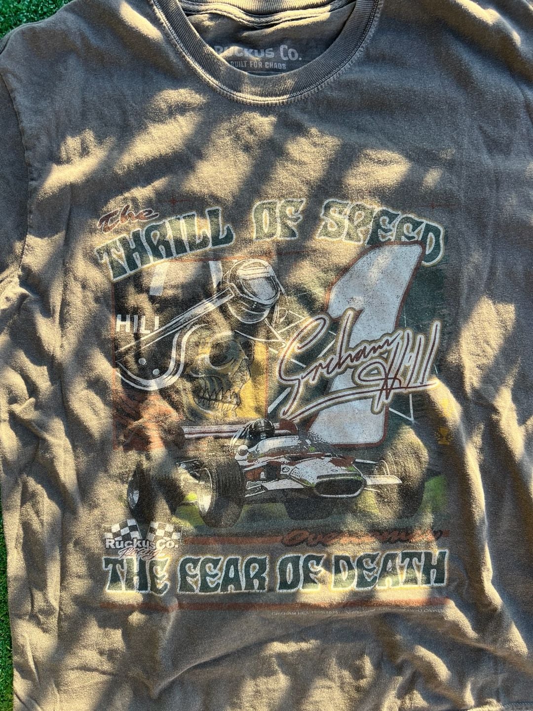 Ruckus Co. The Thrill of Speed Graham Hill Racing Graphic T-Shirt Brown Size L 3