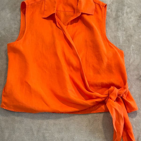 Ann Taylor 100% Linen Orange Sleeveless Wrap Tie Blouse