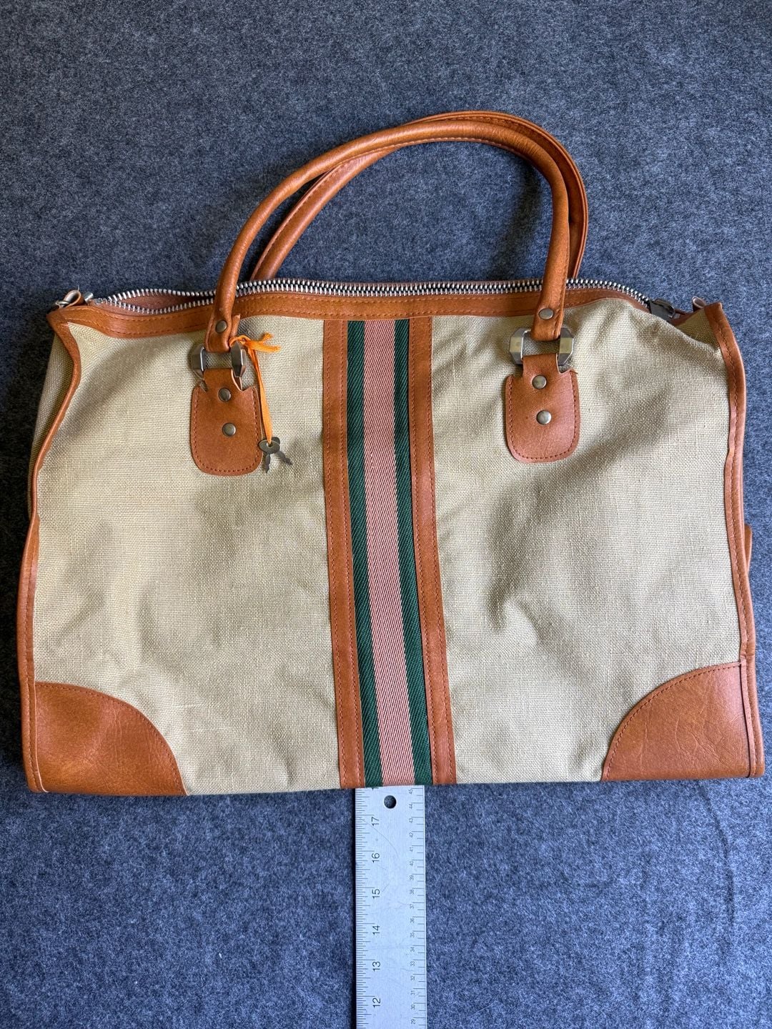 Vintage Canvas vegan Leather Striped Travel Duffel Weekender Bag with lock 2