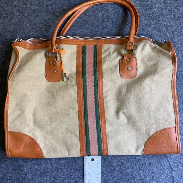 Vintage Canvas vegan Leather Striped Travel Duffel Weekender Bag with lock