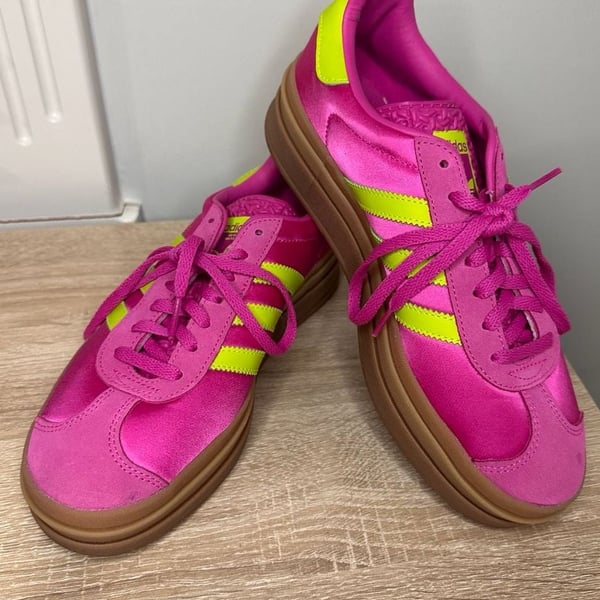 Adidas Gazelle Bold Lucid Fuchsia Solar Slime Satin Sneakers, Sz 7.5 US