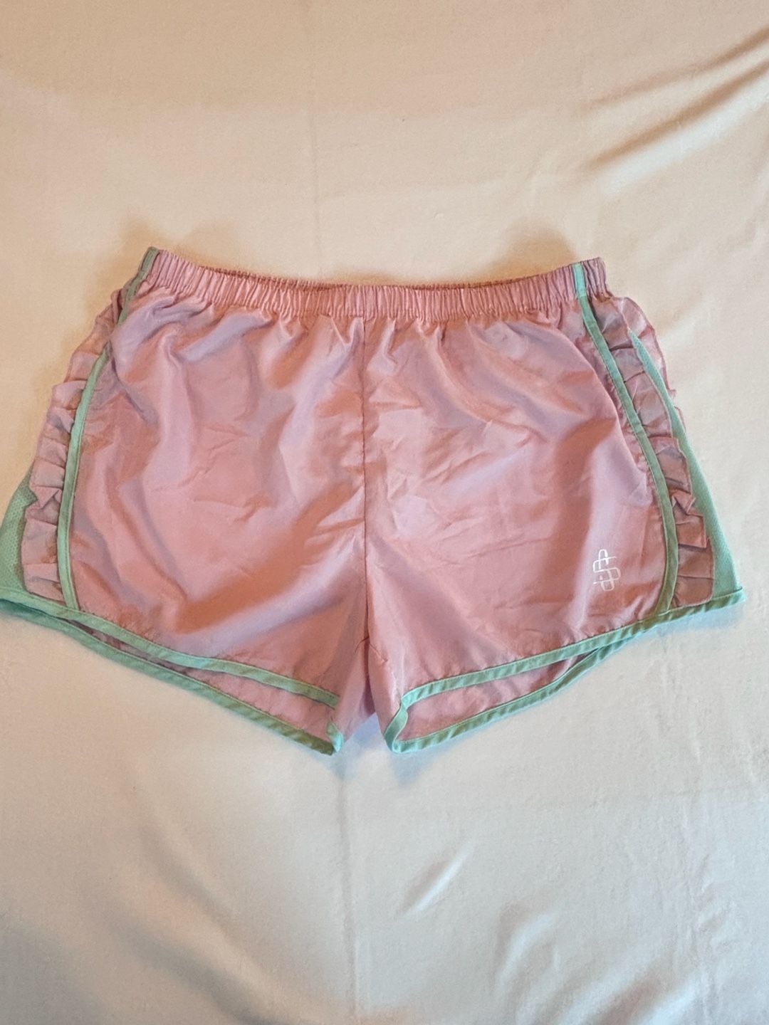 Simply Southern Pink and Mint Green Ruffle Athletic Running Shorts Size L 2