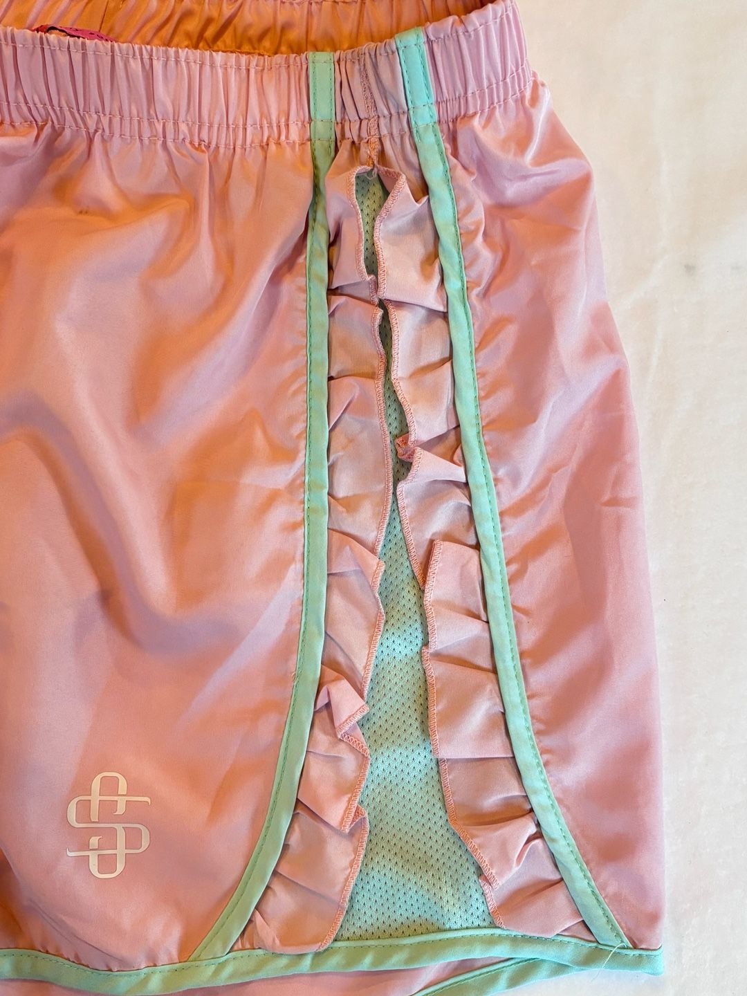 Simply Southern Pink and Mint Green Ruffle Athletic Running Shorts Size L 4