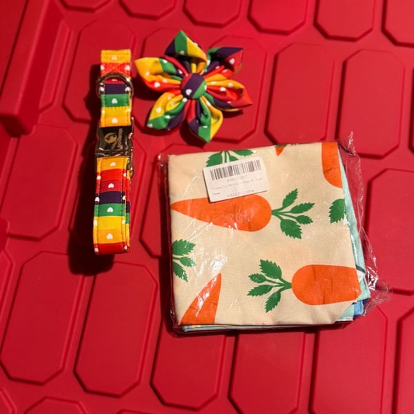 Dogwong Rainbow Heart Collar and Flower with Carrot Bandana Set small