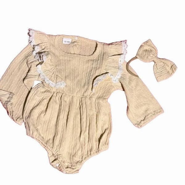 Infant Baby Girl Ruffle Long Sleeve Bubble Romper Bodysuit with Headband 12-18M