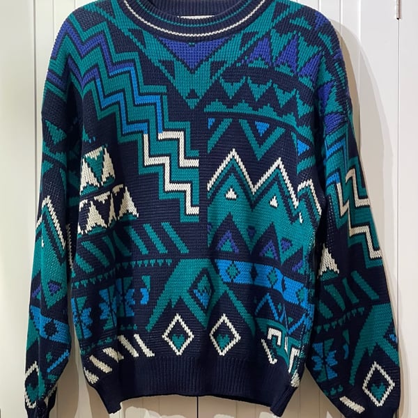 Vintage McGregor Geometric Abstract Pattern Crewneck Knit Sweater Large