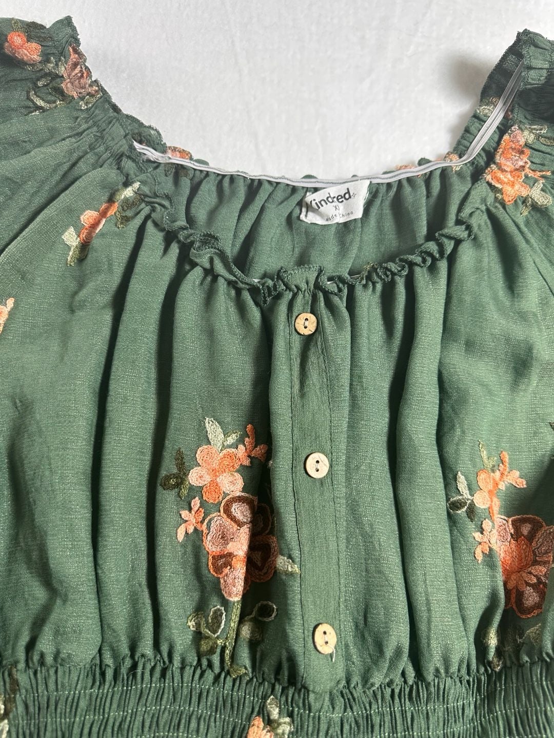 Kindred Olive Green Floral Embroidered Off-The-Shoulder Smocked Dress Size XL 4