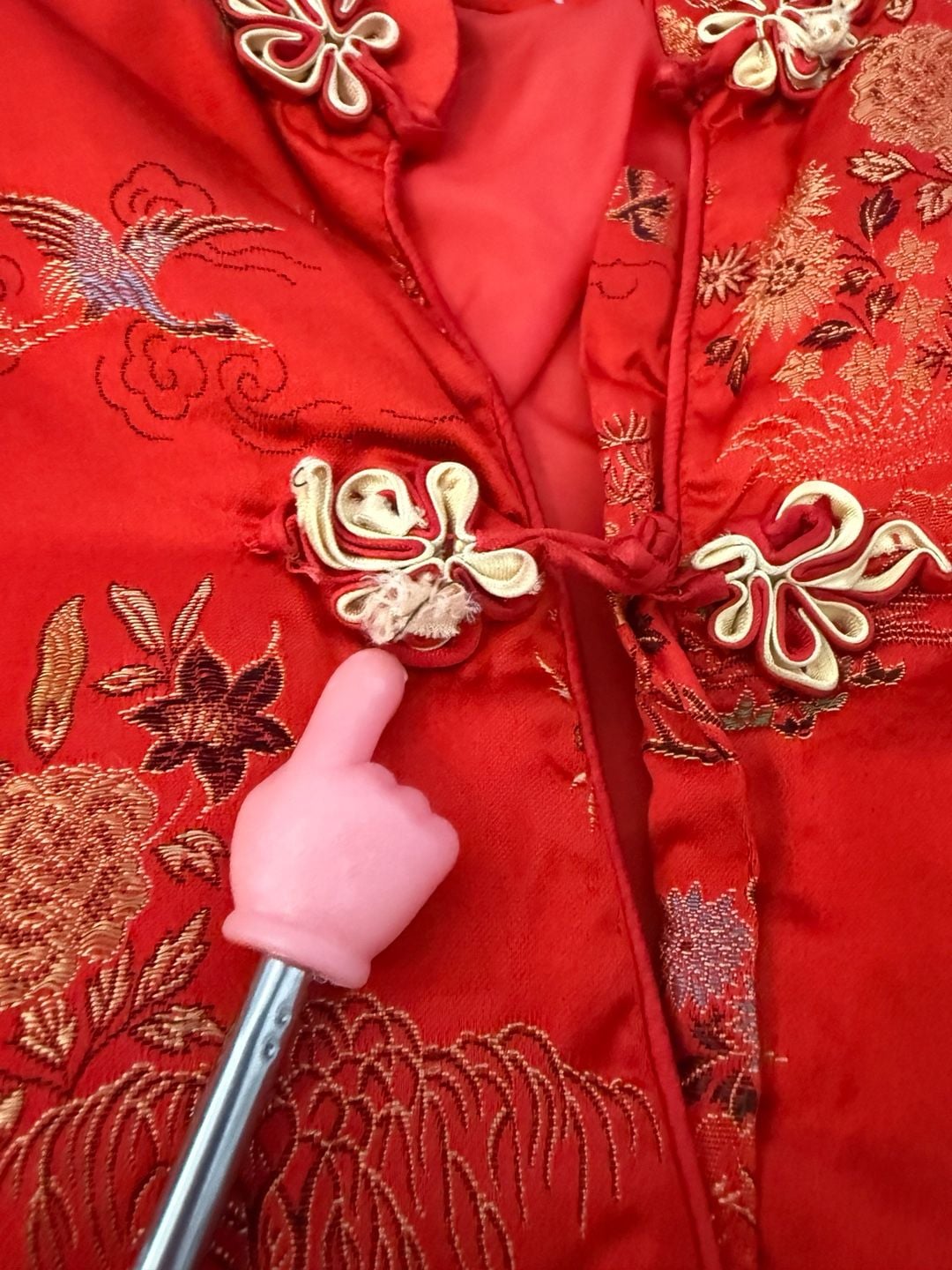 Vintage  Red Brocade Silk Floral Frog Closure Mandarin Collar Jacket 9