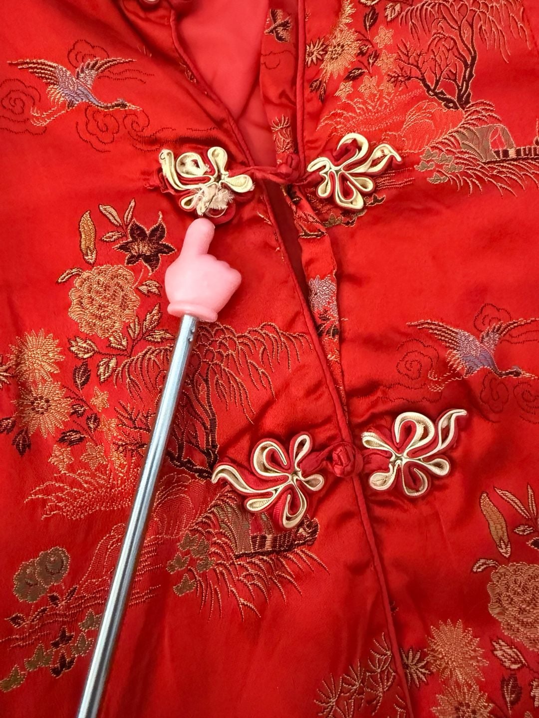 Vintage  Red Brocade Silk Floral Frog Closure Mandarin Collar Jacket 10