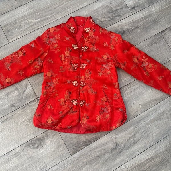 Vintage Red Brocade Silk Floral Frog Closure Mandarin Collar Jacket