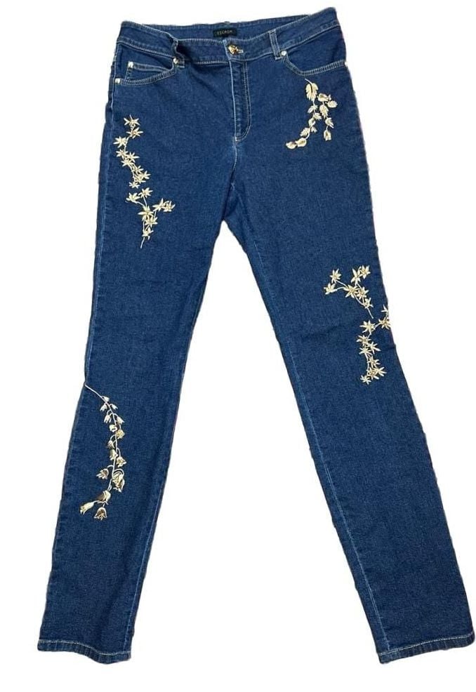 Escada Denim Jeans with Gold Embroidered Floral Vines and Sequins Size 40 2