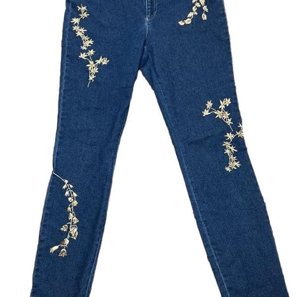 Escada Denim Jeans with Gold Embroidered Floral Vines and Sequins Size 40