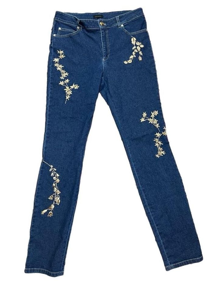 Escada Denim Jeans with Gold Embroidered Floral Vines and Sequins Size 40 3