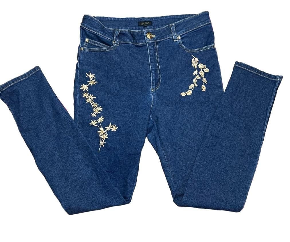 Escada Denim Jeans with Gold Embroidered Floral Vines and Sequins Size 40 8